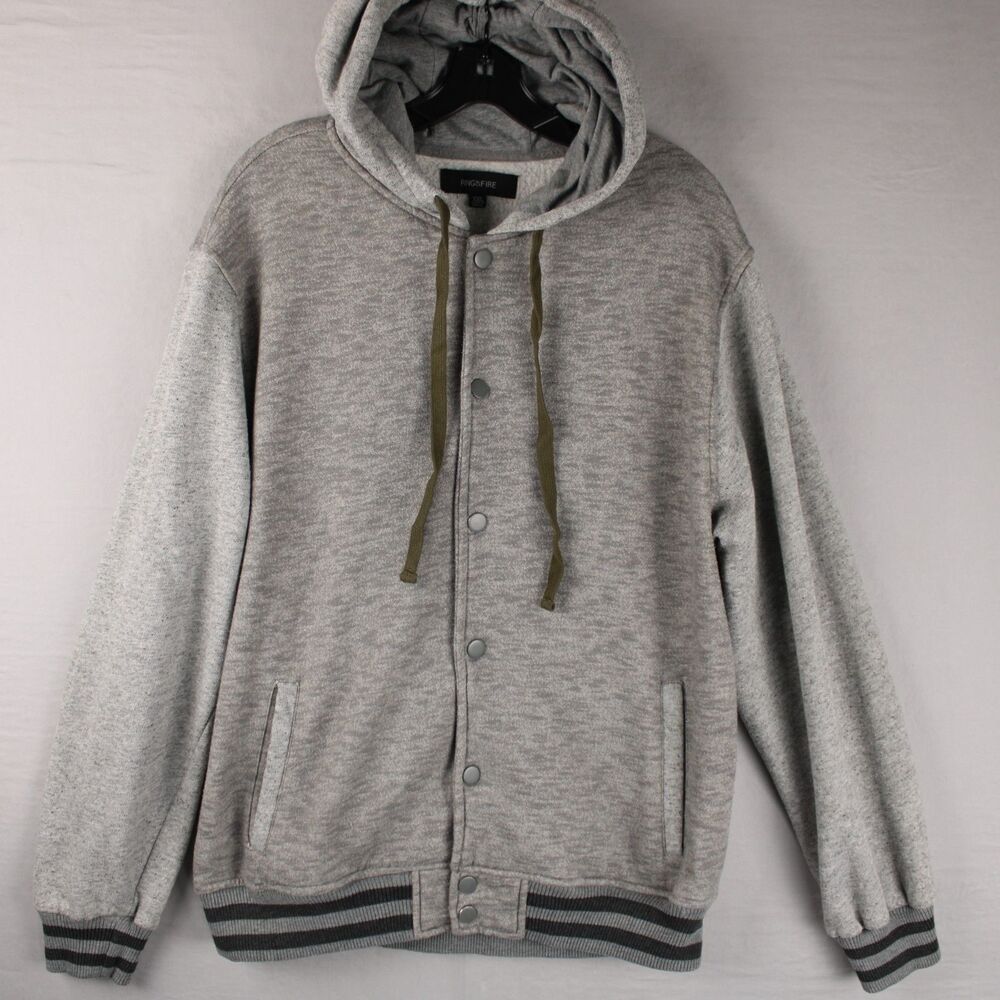 Ring Of Fire Varsity Jacket Mens XXL Gray Snap Button Fleece Hooded Sweatshirt